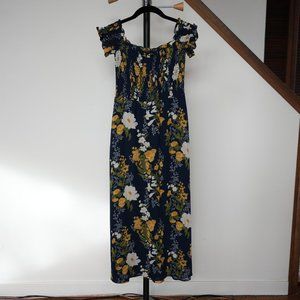 Reformation Murphy Off the Shoulder Smocked Midi Dress in Navy Yellow Floral
